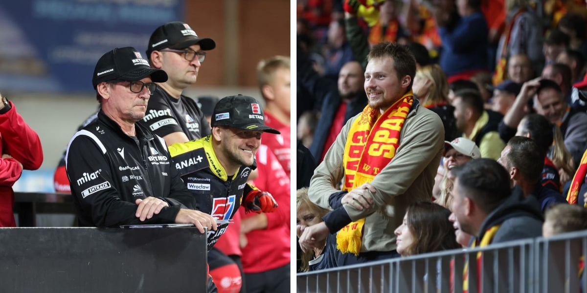Po lewej: trener Dariusz Śledź i Artiom Łaguta w czarnych czapkach z daszkiem, po prawej: kibic z żółto-czerwonym szalikiem na trybunie Olimpijskiego podczas meczu Sparty ze Stalą