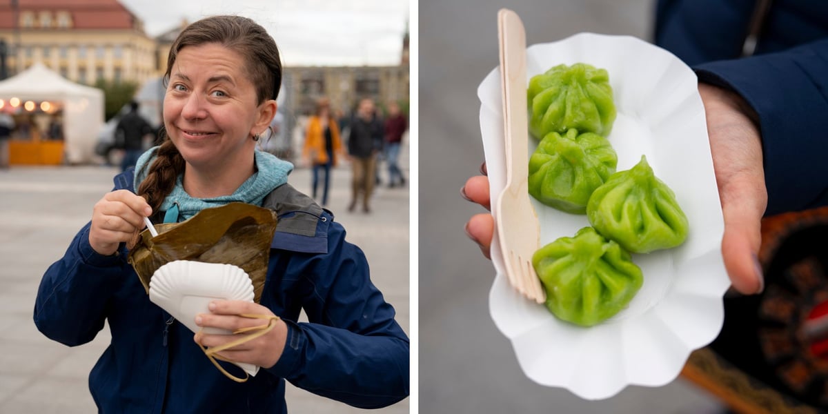 Po lewej: uczestniczka festiwalu, po prawej: gruzińskie pierożki