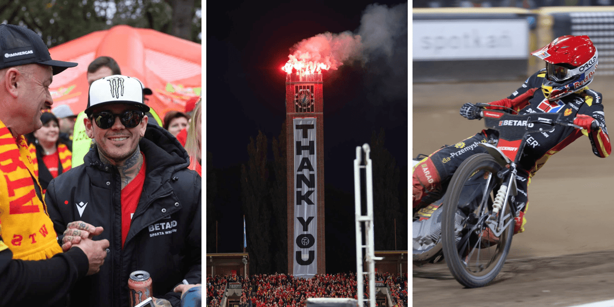 Finał PGE Ekstraligi we Wrocławiu. Z lewej Tai Woffinden, w środku wieża z nampisem "Thank you", z prawej żużlowiec na torze