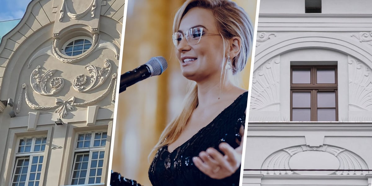 Kolaż trzech zdjęć, od lewej: fragment attyki hotelu Grand, konferansjerka przed mikrofonem, fragment elewacji kamienicy przy Kościuszki