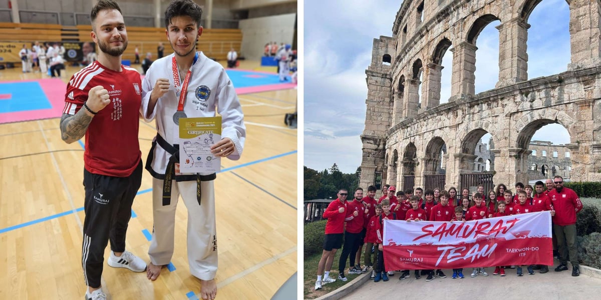 Po lewej; dwie osoby z KS Samuraj (jedna w czerwonym, druga w białym stroju), po prawej: drużyna z biało-czerwoną flagą z napisem SAMURAJ TEAM pod ruiną eliptycznej budowli z arkadami