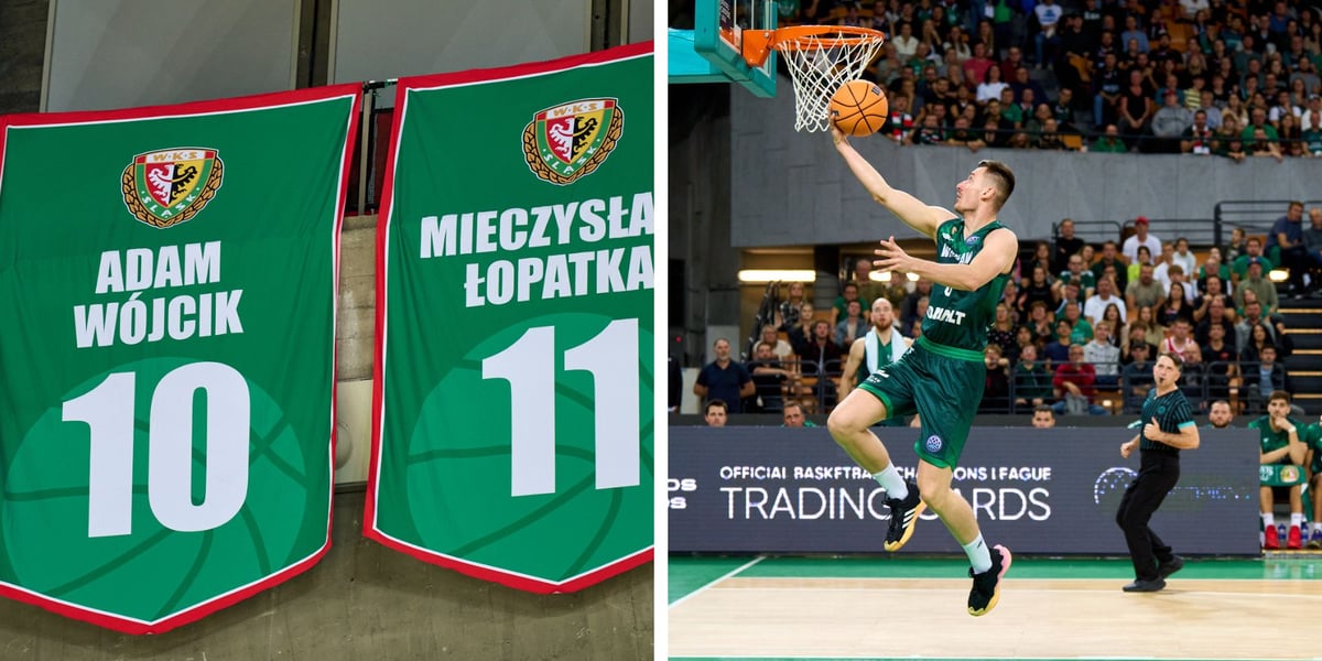 Po lewej: zielone banery z imionami, nazwiskami i numerami Adama Wójcika i Mieczysława Łopatki, po prawej: Daniel Gołębiowski rzucający spod kosza podczas meczu z Falco w Hali Stulecia