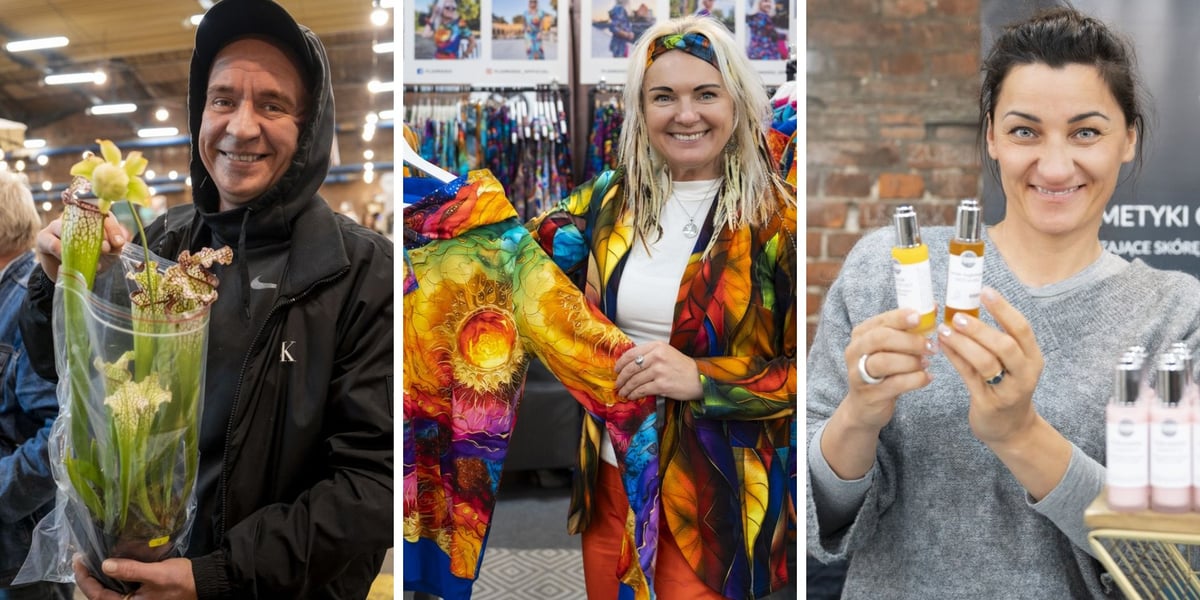 Trzy zdjęcia z Festiwalu Kupuj Świadomie – od lewej mężczyzna z zakupioną rośliną, w środku kobieta w kolorowej modowej bluzie, z prawej kobieta pokazująca kosmetyki 