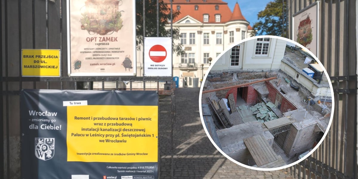 Otwarta brama na Leśnicy z tablicami informacyjnymi m.in. o przebudowie, w głębi widać pałac, w kółeczku widać prowadzone prace