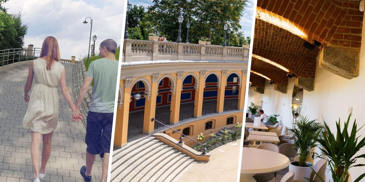 Wizualizacja (para idąca ścieżką na wzgórze) / loggia i fontanna / kawiarnia w loggii Bastionu Sakwowego