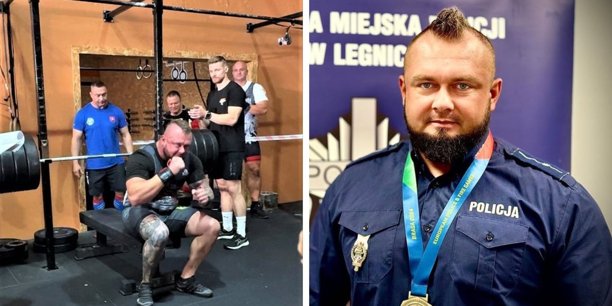 Mężczyzna na siłowni podczas zawodów i w mundurze policyjnym, młodszy aspirant Paweł Dominiak