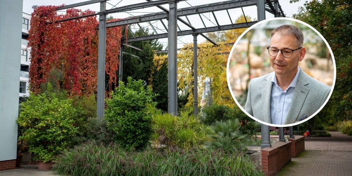 Pozostałości historycznej Palmiarni, w owalu prof. Zygmunt Kącki, dyrektor Ogrodu Botanicznego we Wrocławiu