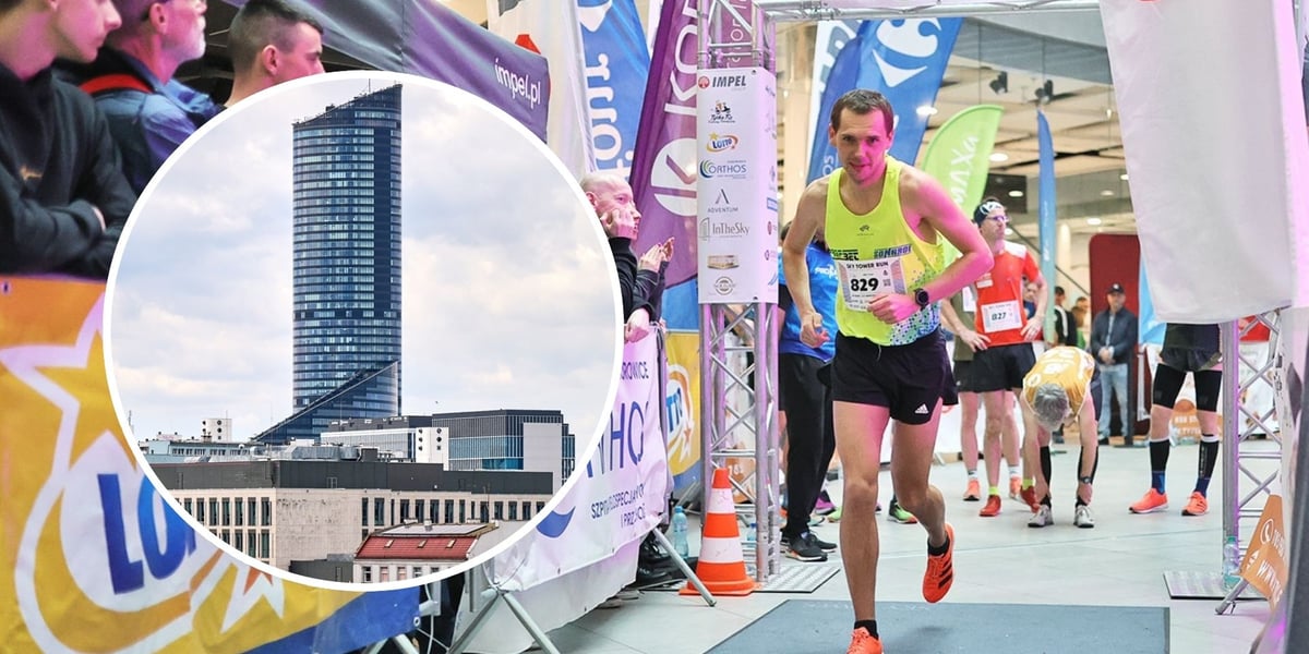 Na zdjęciu uczestnik Sky Tower Run, w owalu Sky Tower we Wrocławiu