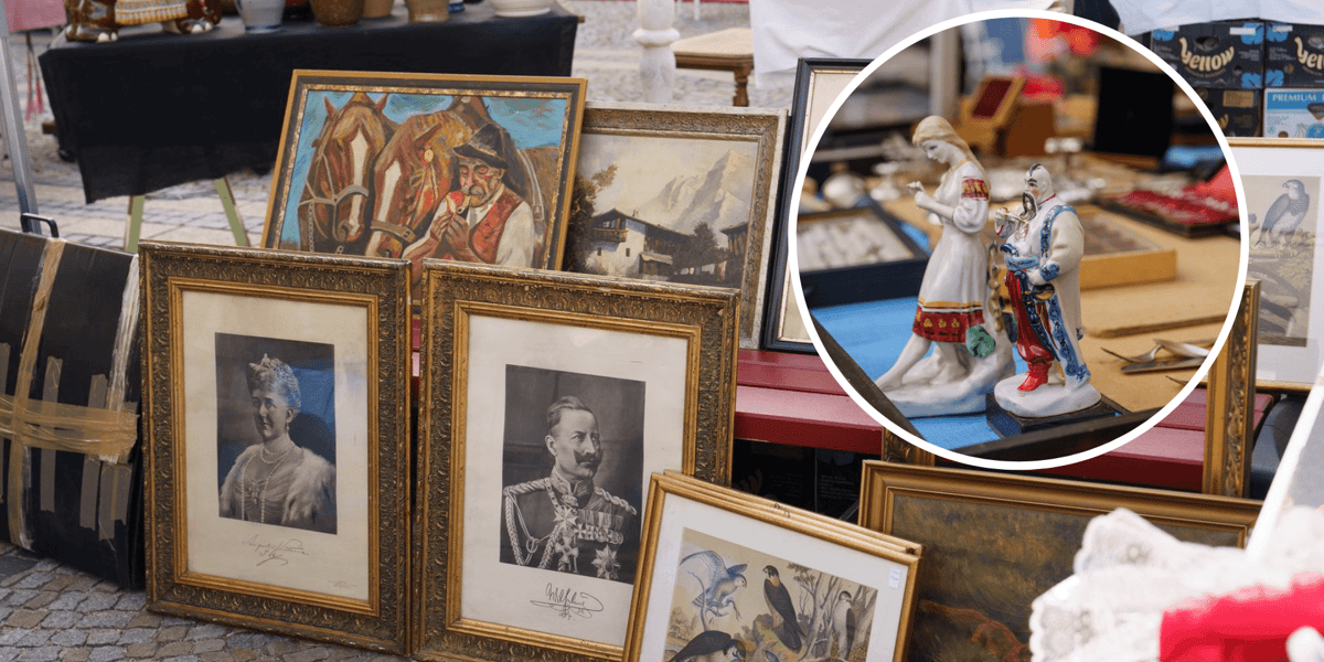 Rzeczy, jakie można kupić na giełdzie staroci we Wrocławiu (20 października). Na zdjęciu w kółeczku ozdobne figurki, na fotografii głównej - obrazy, grafiki