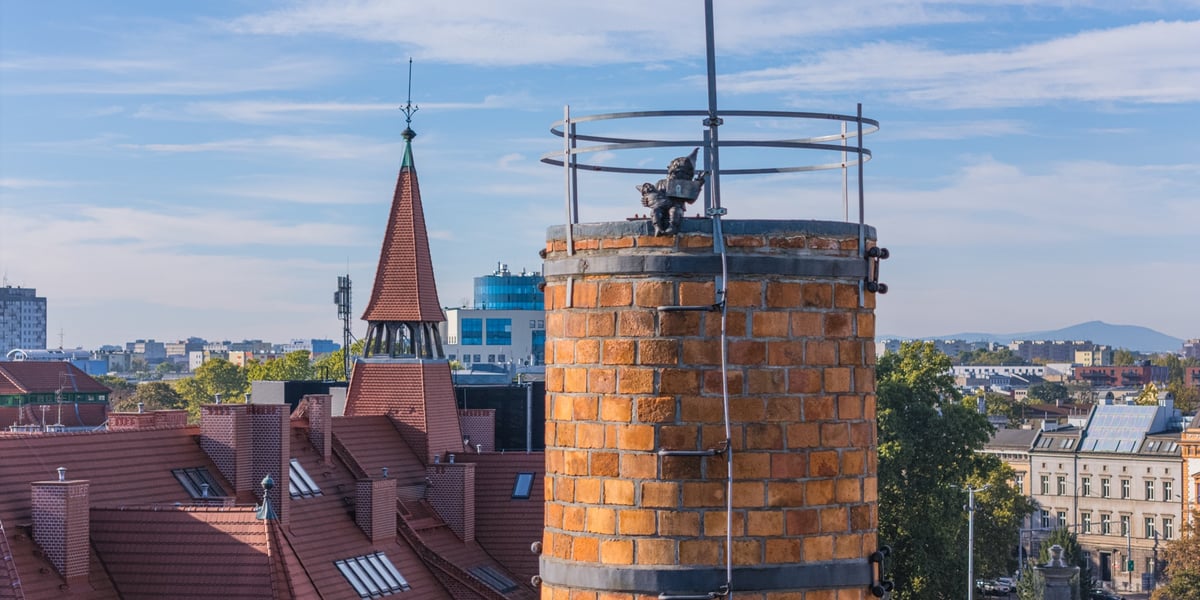 Krasnal siedzący na kominie dawnego kompleksu szpitalnego przy pl. Jana Pawła II