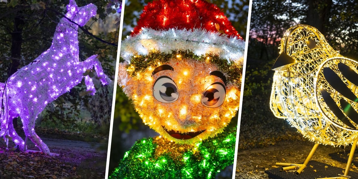 Iluminacja świetlna przedstawiająca skrzata, konia, ptaka. Lumina Park 2024