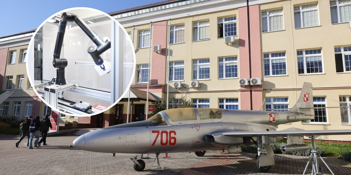 W tle: Lotnicze Zakłady Naukowe, w kółku: robot