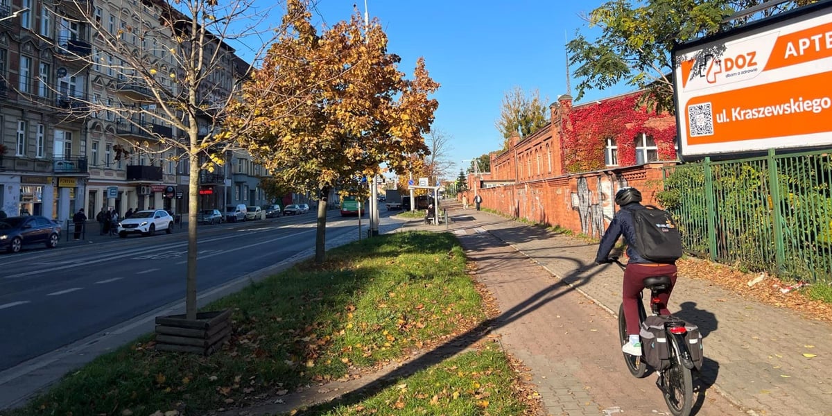 Ulica Trzebnicka i jadący rowerzysta. W tym miejscu przebiegać ma projektowana nowa droga rowerowa 