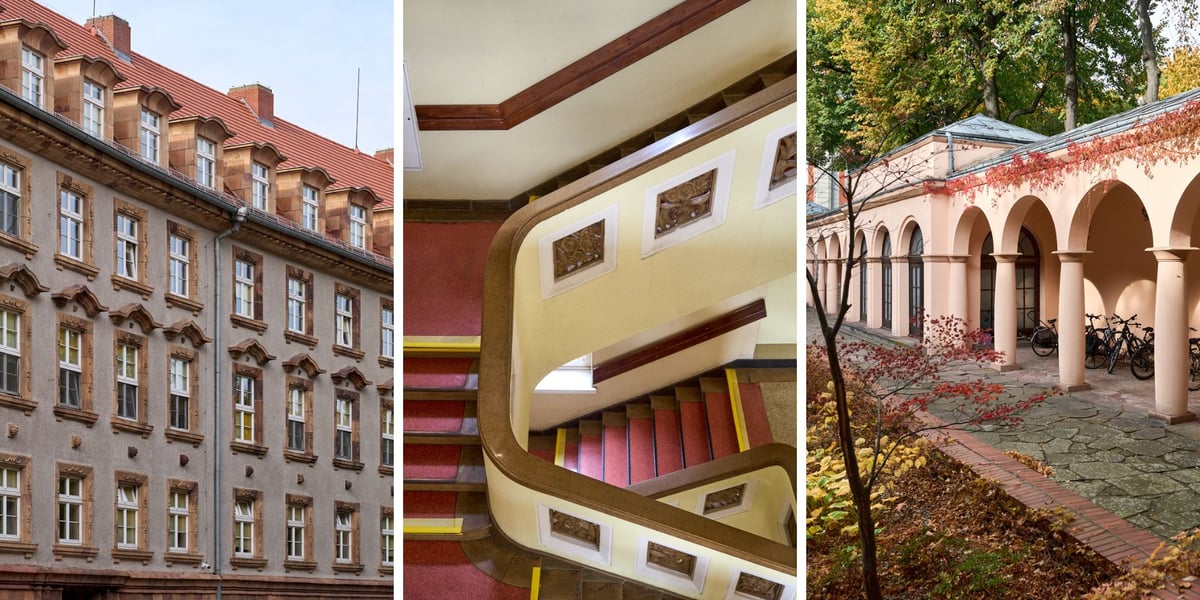 Budynek ZUS  przy ul. Pretficza we Wrocławiu, schody w środku budynku i dzieciniec 