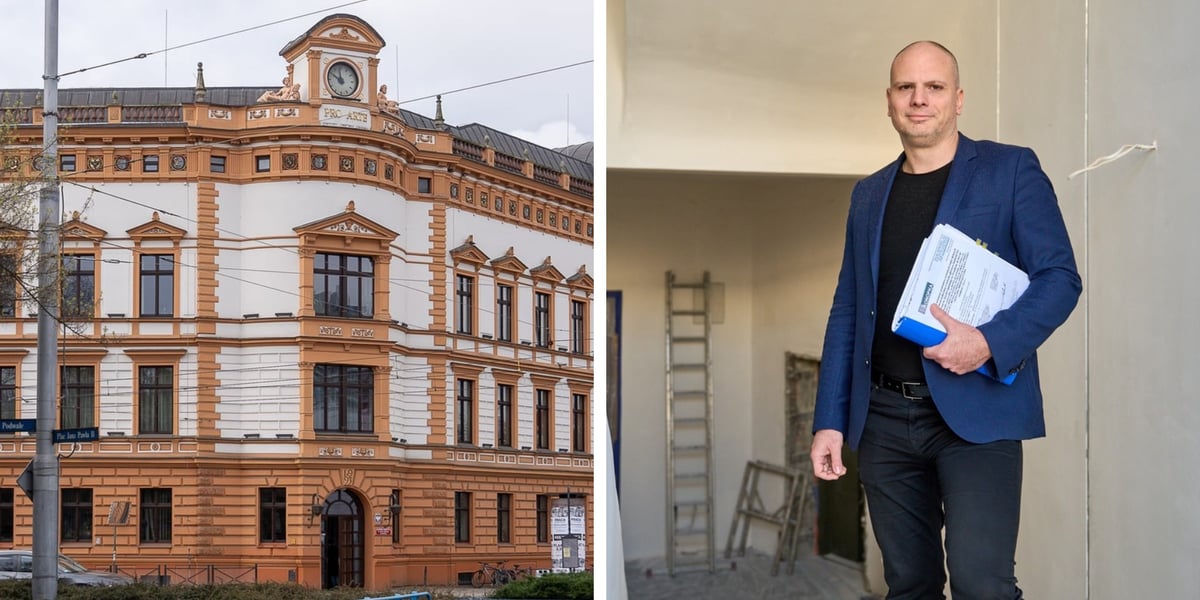 Z lewej gmach główny Akademii Muzycznej im. Karola Lipińskiego przy pl. Jana Pawła II, obok Jacek Pawlikowski, zastępca kanclerza tej uczelni