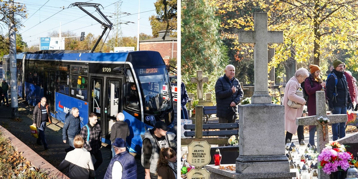 Po lewej: pasażerowie przed tramwajem E1 na Oporów, po prawej: krzyż nagrobny, za nim osoby na cmentarzu Osobowickim