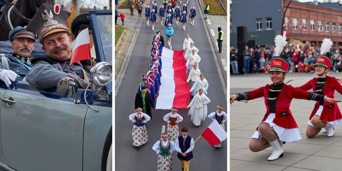 Radosna Parada Niepodległości 2022. Kolaż 3 zdjęć: z lewej dwaj mężczyźni w historycznych strojach wojskowych, m.in. marszałka Piłsudskiego, obok orszak z flagą Polski, z prawej dwie mażoretki.