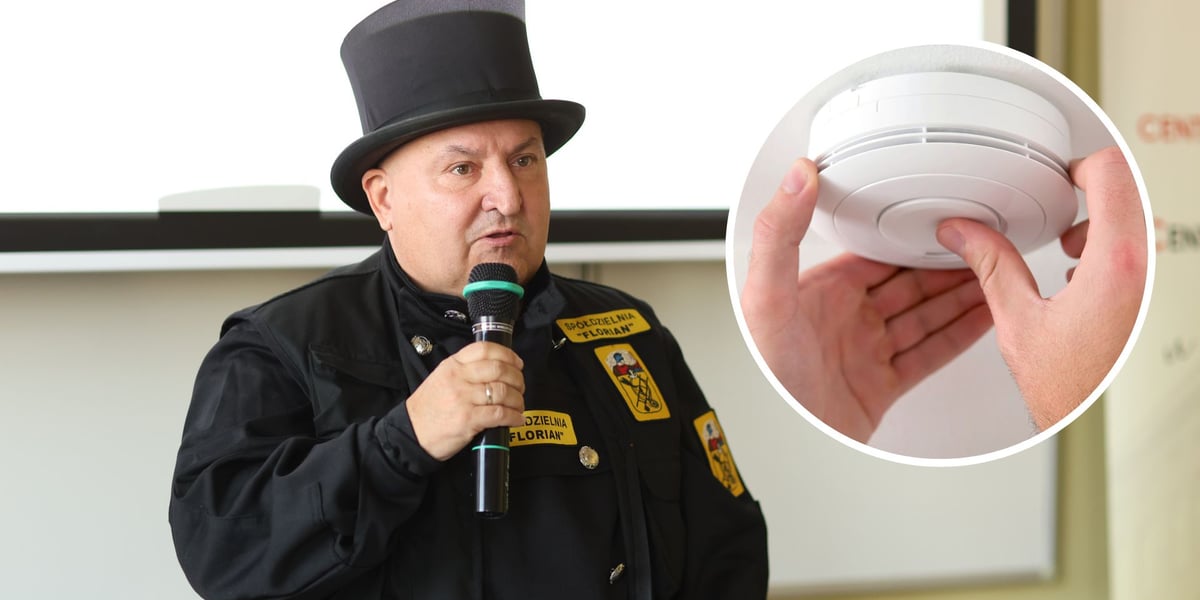 Maciej Rogala, mistrz kominiarski podczas briefingu "Czujka na straży Twojego bezpieczeństwa" - szkolenie dla zarządców budynków; w kółku: czujka dymu (zdjęcie ilustracyjne)