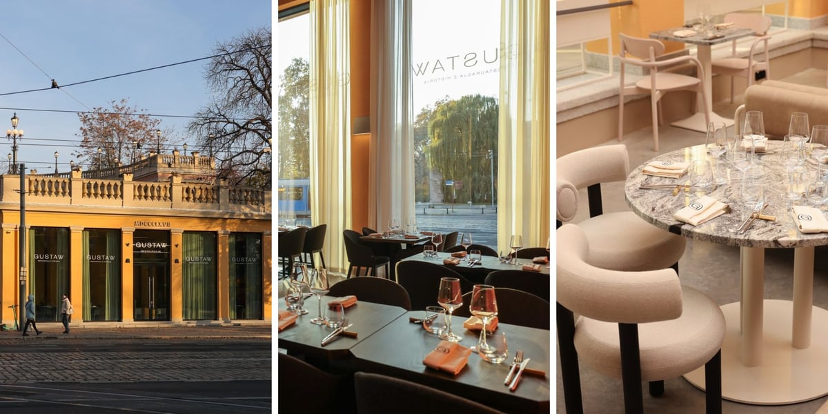 Kolaż 3 zdjęć: na pierwszym Restauracja Gustaw z zewnątrz, obok wnętrza 