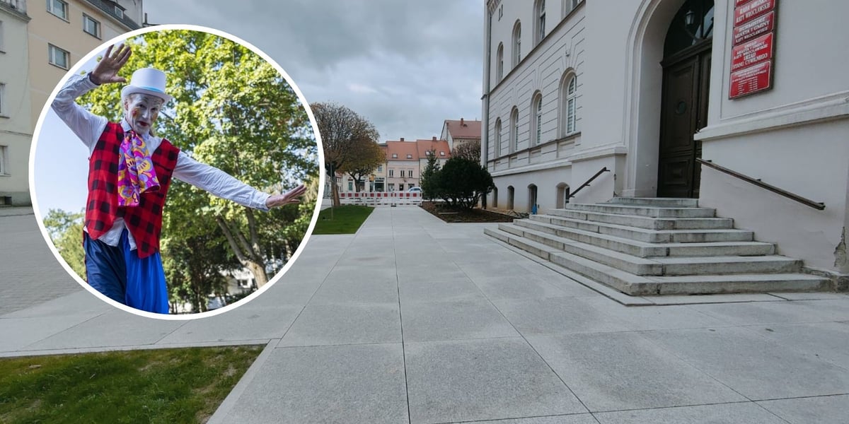 W owalu szczudlarz z pomalowaną twarzą (zdjęcie ilustracyjne), na dużym zdjęciu fragment zrewitalizowanego Rynku w Kątach Wrocławskich