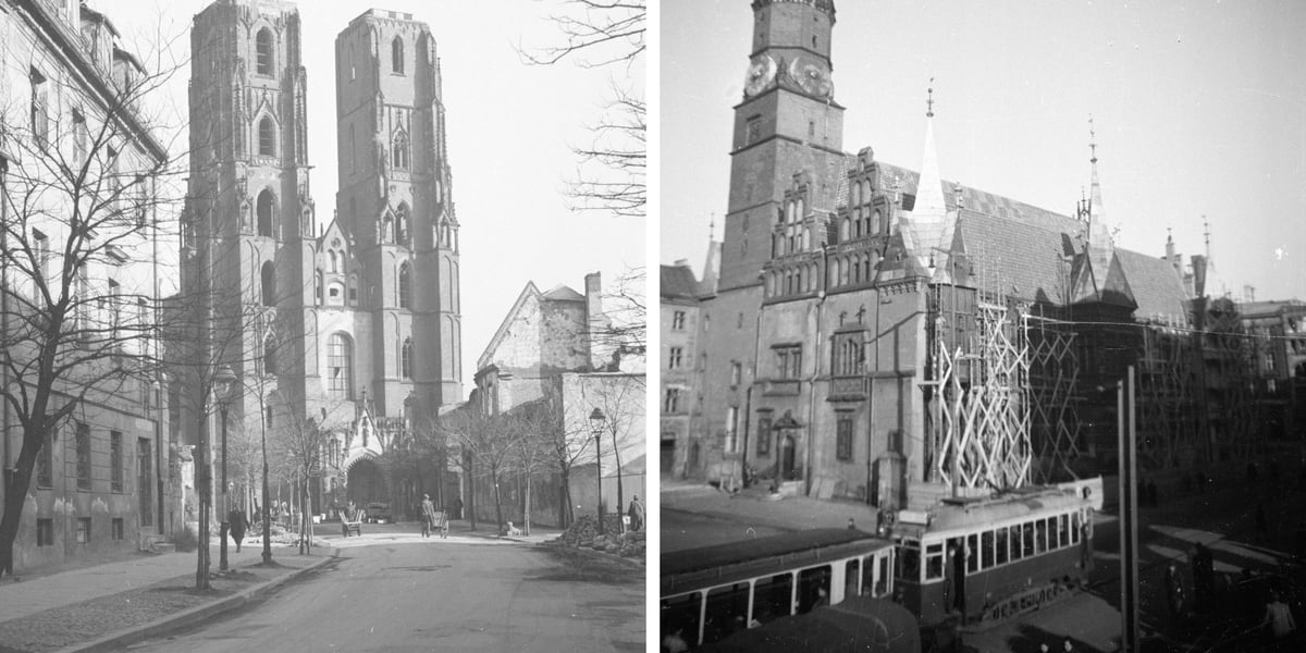 Wrocław w roku 1950 - po lewej widok na katedrę, po prawej - ratusz w Rynku 