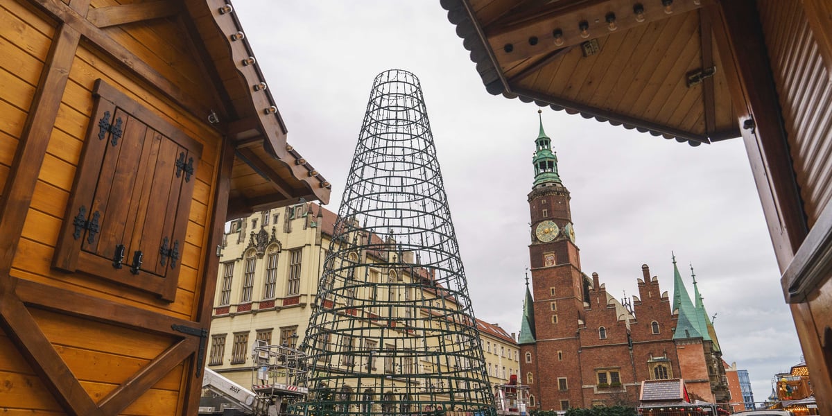 Trwa montaż nowej choinki w Rynku we Wrocławiu