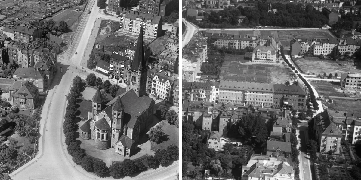 Zdjęcie lotnicze Wrocławia, lata 30. XX w. widać kościół św. Karola Boromeusza i Gajowice