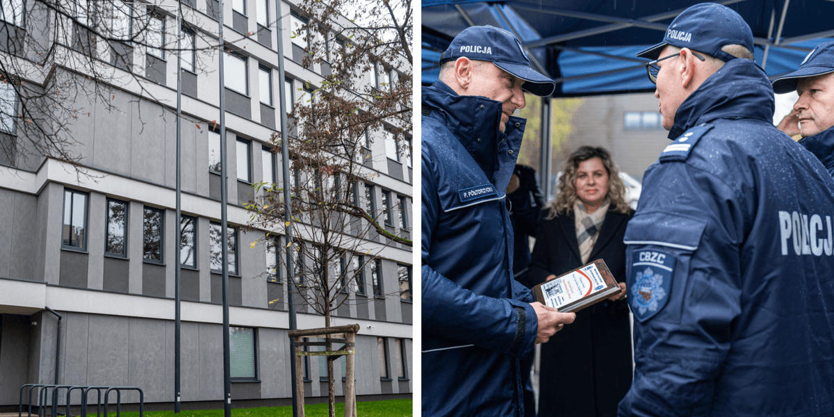 Z lewej budynek nowego komisariatu policji Wrocław - Stare Miasto, obok policjanci podczas uroczystego otwarcia 