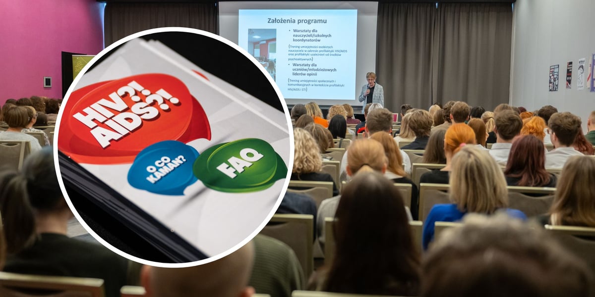 Dziś, 28 listopada, podczas konferencji wroc.win.with.hiv podsumowano efekty projektów profilaktycznych. Na dużym zdjęciu uczestnicy w sali konferencyjnej, na małym jedna z ulotek kampanii  