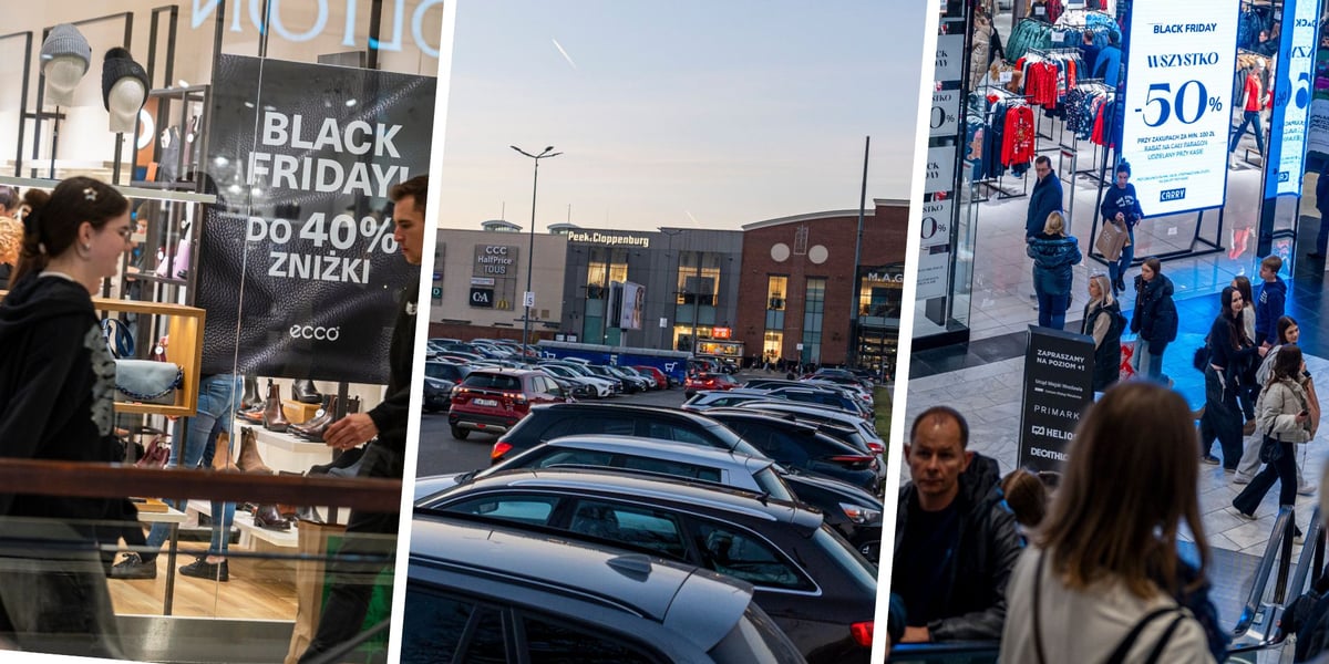 Kobiety i mężczyźni w galerii handlowej, parking pełen samochodów, 30 listopada, Wrocław