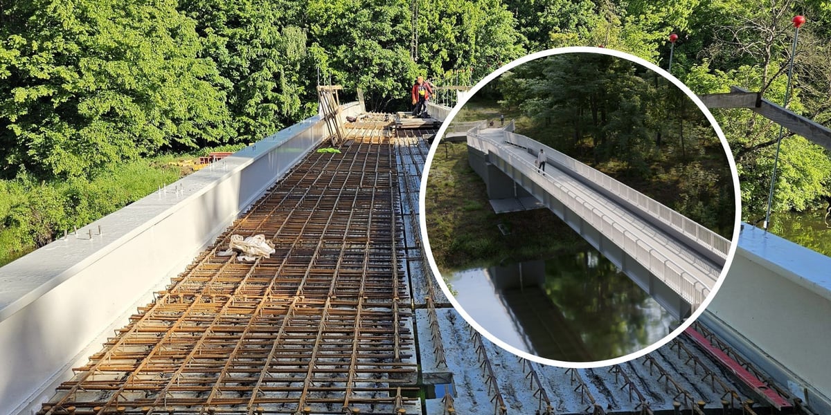 Konstrukcja kładki nad Widawą przygotowywana jest do betonowania (duże zdjęcie). Na małym wizualizacja kładki 