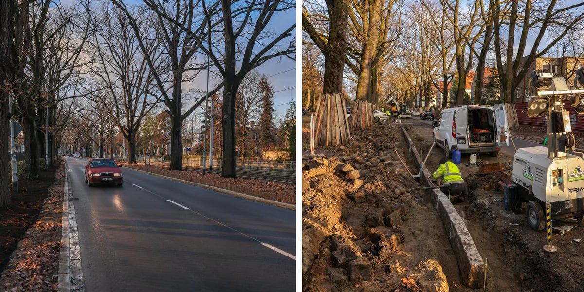 Na lewym zdjęciu wyremontowany odcinek Olszewskiego, na prawym prace prowadzone między ulicami Gersona a Bacciarellego 