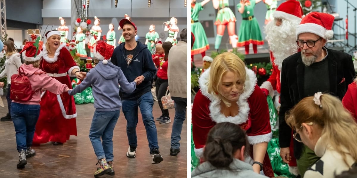 Uczestnicy akcji Paczki Dobrych Relacji na Tarczyński Arenie. Zestawienie dwóch zdjęć, z lewej 4 osoby tańczące