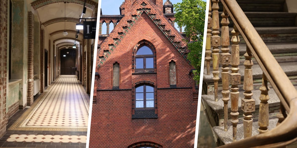 Zestawienie trzech zdjęć hotelu Arche Klasztor Wrocław: korytarz, fragment ceglanej elewacji, drewniany balustrada na klatce schodowej