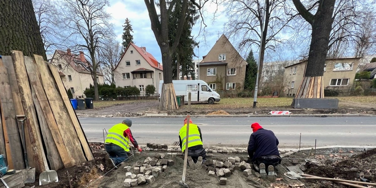 Trzech mężczyzn przy pracach brukarskich w rejonie ulicy Olszewskiego. 
