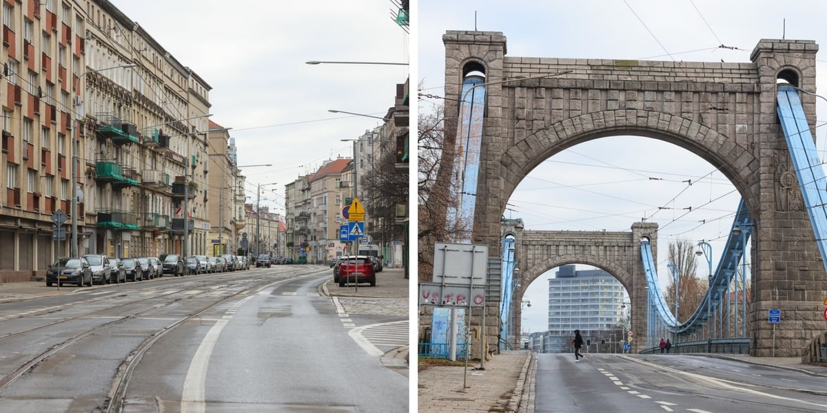 Most Grunwaldzki, pusta ulica. Pierwszy dzień świąt Bożego Narodzenia we Wrocławiu