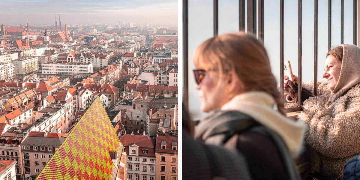 Z wizytą na tarasie wieży widokowej Kościoła Garnizonowego we Wrocławiu. Kolaż 2 zdjęć. Z lewej widok na panoramę Wrocławia, z prawej ludzie, którzy podziwiają panoramę miasta z tarasu widokowego wieży.
