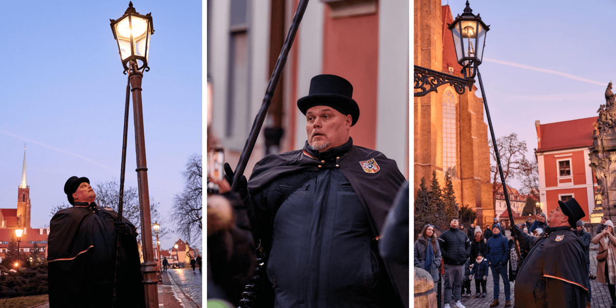 Robert Molendo, czyli wrocławski latarnik podczas zapalania latarni na Ostrowie Tumskim. Zestawienie 3 zdjęć