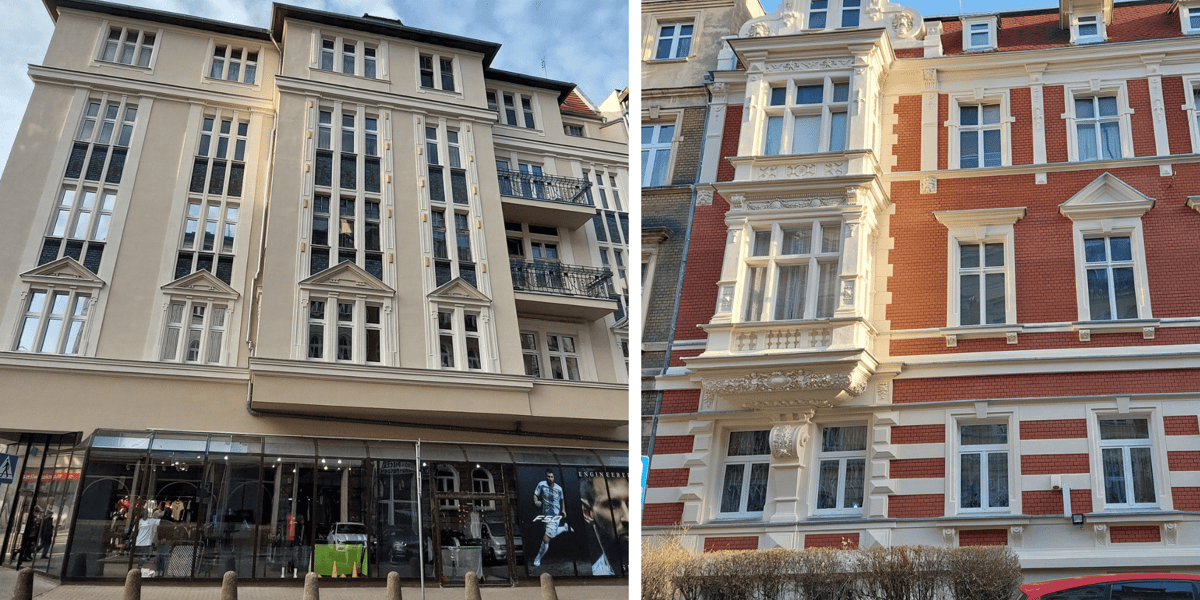 Po prawej i po lewej na zdjęciu, odnowione kamienice we Wrocławiu