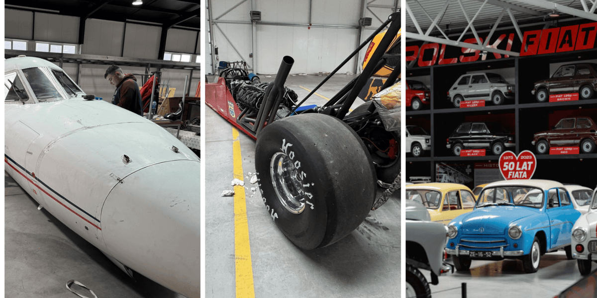 Eksponaty, które wkrótce pojawią się w Muzeum Motoryzacji WENA w Oławie, czyli samolot Metrolioner i wyścigówka dragster, oraz te, które już w nim są: zabytkowe samochody z Polski i ze świata