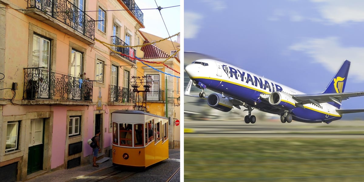 Po lewej: jeden z elevadorów jadący pod górę w Lizbonie, po prawej: startujący samolot linii Ryanair