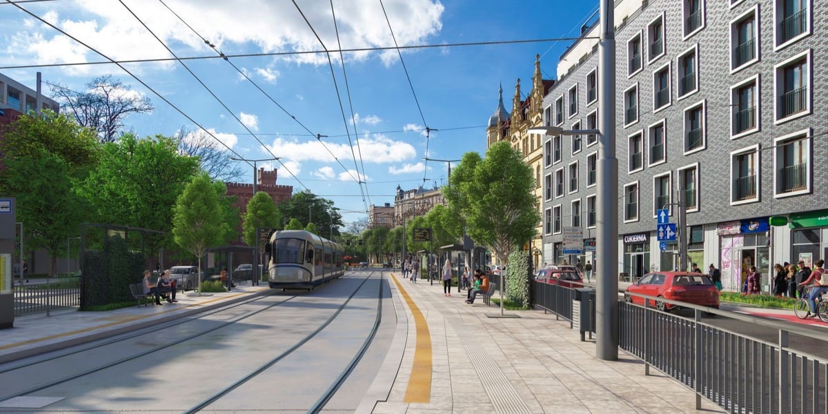 Wizualizacja przedstawia widok na przystanek autobusowo-tramwajowy na Drobnera przy skrzyżowaniu z Dubois 