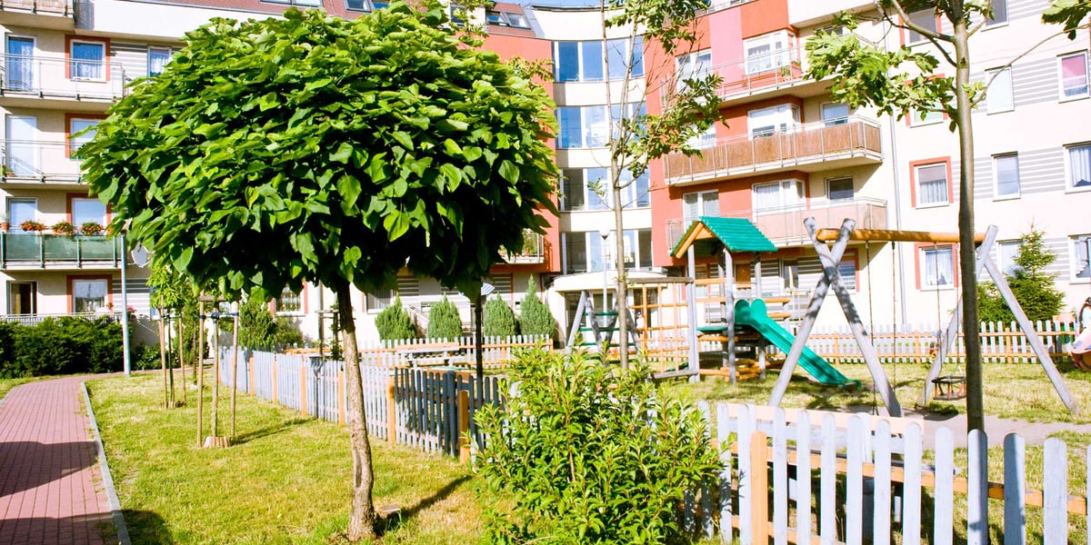 Drzewo, plac zabaw i blok TBS Wrocław na Księżu Małym (zdjęcie ilustracyjne)