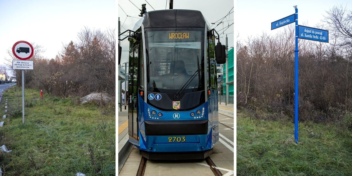 Kolaż zdjęć przedstawia miejsce, w którym może powstać nowa trasa tramwajowa oraz tramwaj MPK Wrocław  