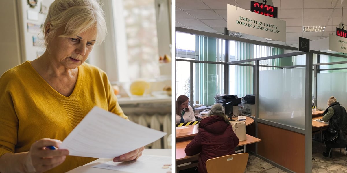 Starsza kobieta czyta dokument, na sali kobiety i mężczyźni w ZUS-ie składają wnioski o rentę wdowią
