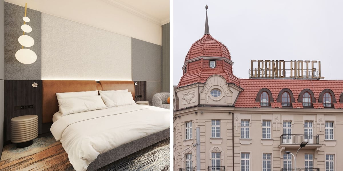 Po lewej: wizualizacja pokoju w nowym Grandzie / po prawej: górna część budynku z pozorną wieżyczką i szyldem GRAND HOTEL