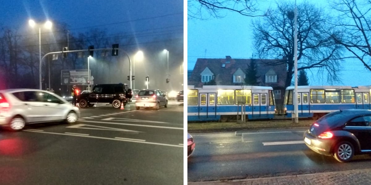 Samochody, tramwaj na skrzyżowaniu ul. Olszewskiego z Aleją Wielkiej Wyspy. Doszło tam do zderzenia.