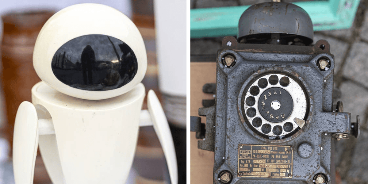 Kolaż 2 zdjęć z giełdy staroci pod Iglicą:  lewej robot Eve z bajki "Wall-e"