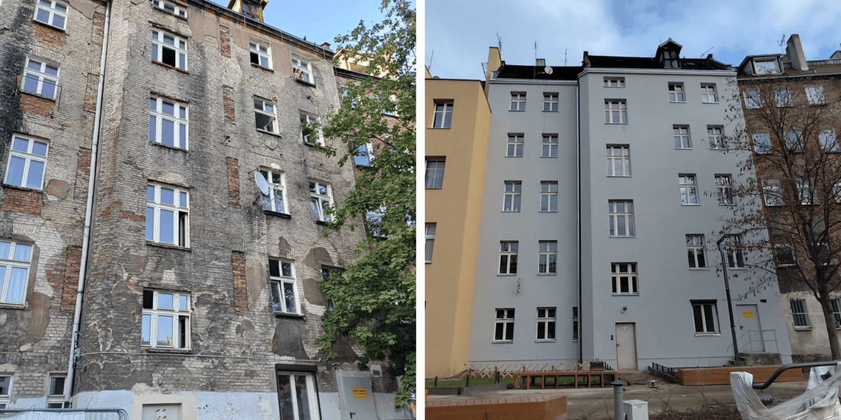 Elewacja podwórzowa w kamienicy nr 7 przy ul. Łukasińskiego - po lewej przed remontem, po prawej już po remoncie, w kolorze jasnoszarym
