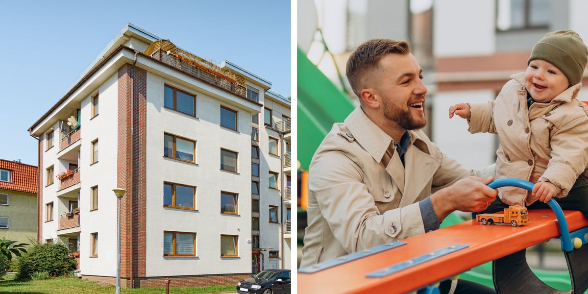 Budynek TBS Wrocław, mężczyzna i dziecko na placu zabaw